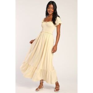 Lulus Always So Sweet Light Yellow Smocked Puff Sleeve Maxi Dress - Size L